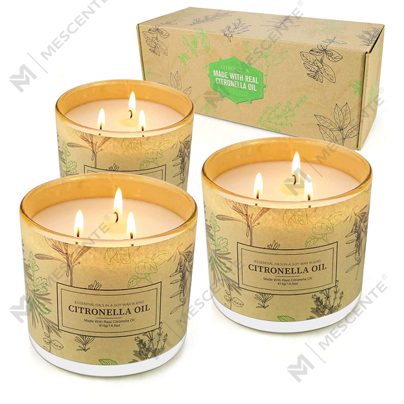 Pitkäkestoiset 3 Wick Jar -tuoksuiset aromaterapiasitronellaöljykynttiläsarjat kotipuutarhan patiolle parvekkeelle